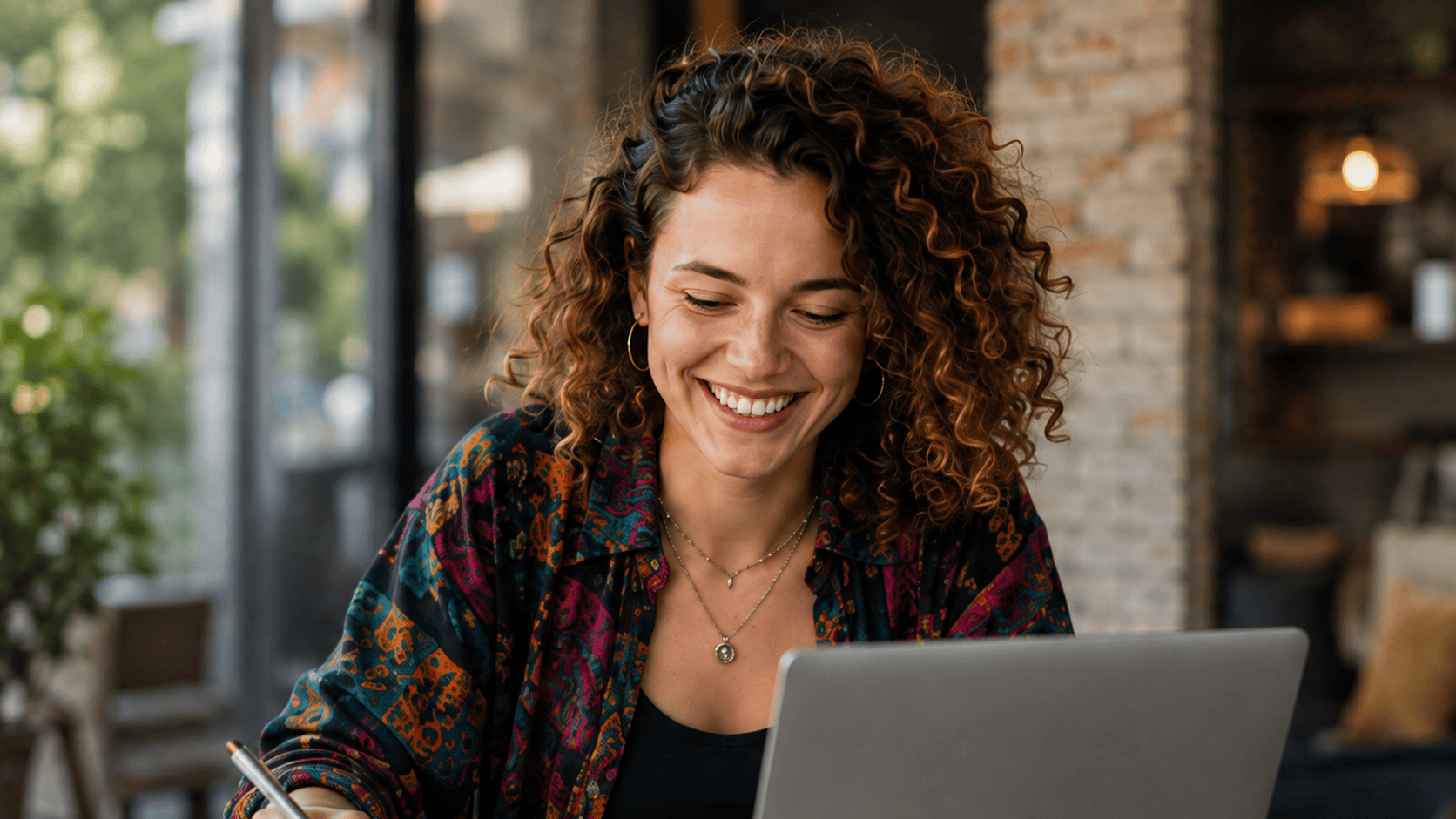 Smiling learner with curly hair writing notes at her laptop in a café